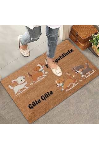 Valerine Life İkili Sevimli Yavru Köpekler Hoş Geldiniz Ve Güle Güle Kapı Önü Paspası 45x70cm