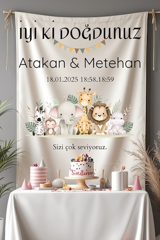 Büyük Boy Kardeş Ve İkizlere Özel Safari Temalı Doğum Günü Afişi Flaması Duvar Örtüsü