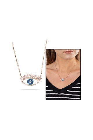 Zirkon-Turkuaz Taşlı Rose Renk 925 Ayar Gümüş Göz Kolye (459601982)