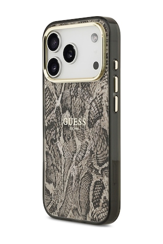 Apple Uyumlu iPhone 17 Pro Max  Kılıf Guess Lisanslı M-safeli Yazı Logolu Python Desenli Kapak Kahverengi Kahverengi