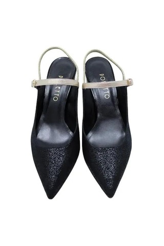 Poletto Hakiki Deri Sıyah-altın Ayakkabı Stiletto 9841 88-1344 Siyah