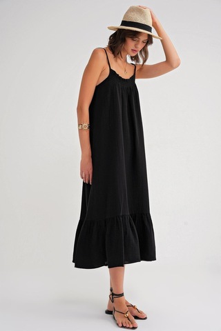 4740 Kadın Askılı Müslin Midi Elbise Siyah Siyah