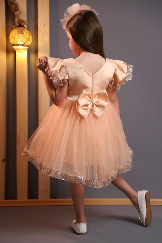 Kız Çocuk Tül Beyaz Pembe Kırmızı Tokalı Prenses Doğum Günü Bayram Abiye Mezuniyet Şık Elbise Bej