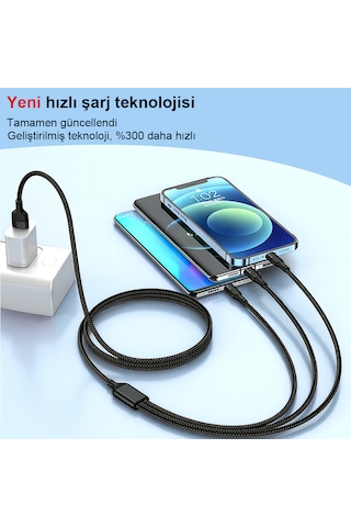 Ultra Dayanıklı 3 Lü 66w Şarj Kablosu 6a 6 Çip 2000 Kez Bükülmeye Dayanıklı 1.2 Metre 1.2M 3ın1