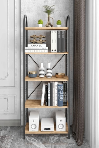 Reyo Falez 5 Geniş Raflı Kitaplık Metal Çerçeveli Modern Raf Çalışma Odası Ofis Salon Kitaplığı Evrak Rafı 180 Cm Atlantik Çam Beyaz