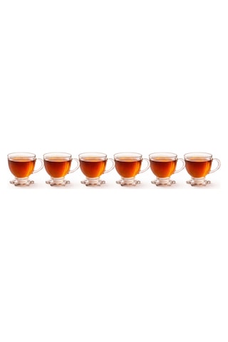 6 Lı Cam Çay Fincanı Seti 210 Ml Yıldız Ayaklı Kendinden Desenli Kulplu Çay,kahve Fincanı Takımı Şeffaf