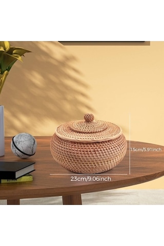 Bosphorusboutique02 Yuvarlak Rattan Sepet, Kapaklı Hasır Meyve Ekmek Kutusu, Rustik Atıştırmalık Kase Diğer