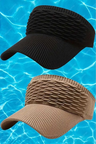 Uniquetrenders Kadın Örgü Dokulu Uv Korumalı Yazlık Vizör Şapka 2'li Set Siyah - Camel