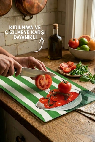 Domates Desenli Cam Kesim Tahtası - 25x35cm -dayanıklı Ve Pratik Kesim Matı Kırmızı
