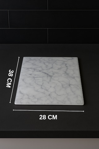 Cam Kesme Tahtası Büyük Boy 38x28 Mermer Desen, Kaymaz Silikon Ayaklı Beyaz