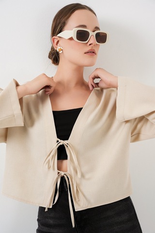 Bigdart Önü Bağlamalı Keten Kimono 960 - Krem