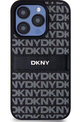 Apple Uyumlu iPhone 15 Pro Kılıf Dkny Lisanslı 3d Yazılı Repeat Texture Pattern Kapak Siyah