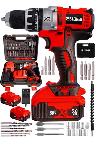 Steiner XR 58 V 5 Ah Darbeli Li-ion Çift Akülü Şarjlı Vidalama Matkap  + 30 Parça Pro Usta Seti