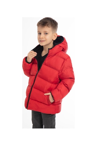 Erkek Çocuk Kırmızı İçi Polarlı Kapüşonlu Su Geçirmez Rüzgara Dayanıklı Şişme Kışlık Mont Kırmızı