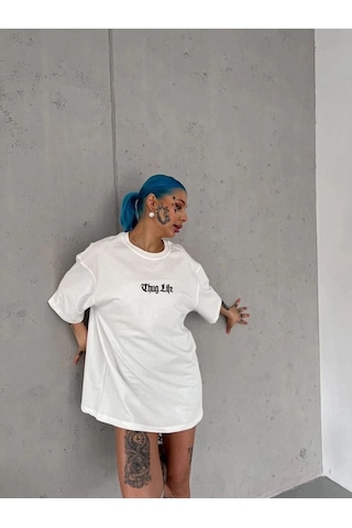 Freedom Store Kadın Kısa Kol Yazlık Tişört Bisiklet Yaka Baskılı Oversize T-shirt - Beyaz