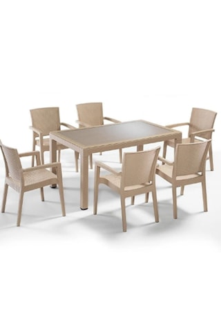 6 Adet Victor Koltuk 90x150 Camlı Masa Set Kapuçino