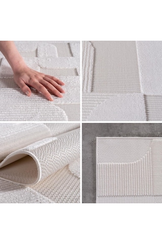 Modern Krem Renkli Geometrik Desenli Bohem Salon Mutfak Mekan Teras Balkon Oda Ve Çocuk Halısı Oymalı Halı Krem - Krem