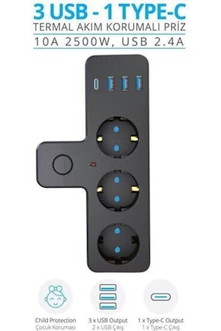 3'lü Akım Korumalı Priz Çoğaltıcı 2500w 3xusb 2.4a 1xtype-c Diğer
