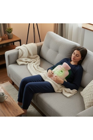 River World Termal Sıcak Su Torbası Kılıfı Yumuşak 1 Lt Figürü Pembe Renk Ayıcıklı Işıklı Çok Renkli