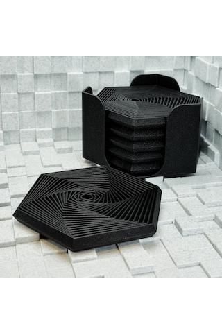 3d Baskı Super Fidget Coaster Seti - Altıgen Desenli Bardak Altlığı Ve Tutucu-siyah
