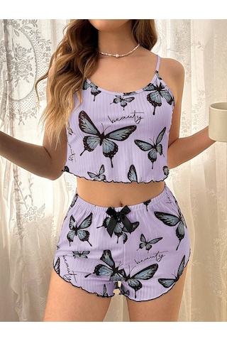 Melonika Mor Renk Kelebek Desenli Şortlu Ev Giyim Takımı,kadın Yazlık Askılı Pijama, Rahat Ve Şık Ev Giyim Çok Renkli
