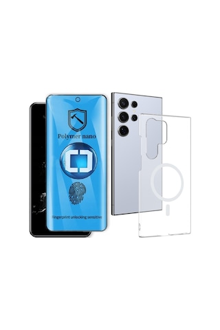 Vendas Samsung Uyumlu Galaxy S22 Ultra Kamera Korumalı M-safe Şarj Özellikli Şeffaf Zore London Sert Pc Kapak + Polymer Nano Ekran Koruyucu Şeffaf