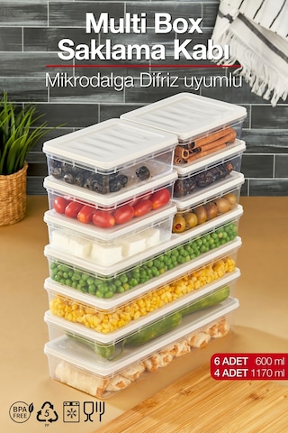 Multi Box 10 Parça 2 Farklı Boy Saklama Kabı Seti - Dondurucu & Mikrodalga Uyumlu Krem
