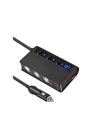 Vkemall 180w Usb Çoklu Araç Şarj Cihazı - Led Voltmetreli Ve Sigortalı Siyah Lacivert - Turuncu