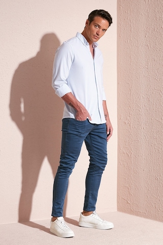 Buratti Pamuklu Çizgili Düğmeli Yaka Uzun Kollu Regular Fit Erkek Gömlek Cf23S112237 Mavi-Beyaz