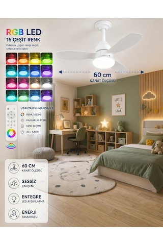 German New White Super Fan 60 Cm Kalın Kanat Dim Ayarlı Tavan Vantilatörü Rgb Led 16 Renk Sessiz Sinek Kovar
