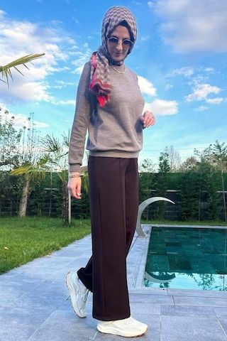 Rabia Şamlı Acı Kahve Nervürlü Bol Paça Pantolon Normal