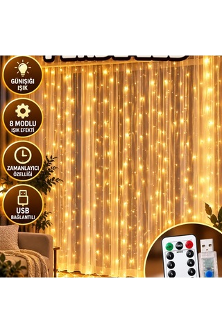 3x3 Metre Günışığı Perde Led 8 Modlu Uzaktan Kumandalı, Zamanlayıcılı Ve Usb Bağlantılı