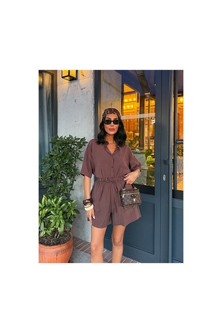 Nido Moda Kadın Cepli Oversize Gömlek Ve Beli Bağcıklı Şort İkili Takım Kahverengi