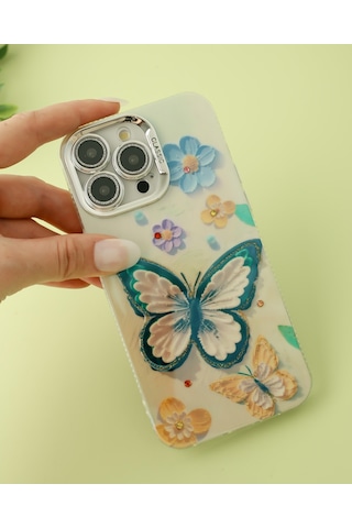 Apple Uyumlu iPhone 15 Promax Lens Korumalı Simli Kelebekli Çiçekli Kılıf
