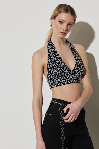 Regular Fit Normal Kesim V Yaka Kolsuz Crop Bluz Beyaz - Siyah