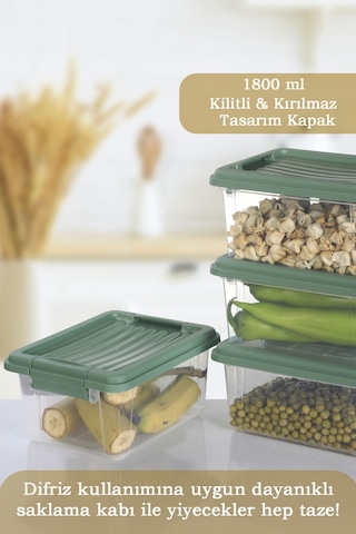 4'lü Set - 1800 Ml Kilit Kapaklı Erzak Saklama Kabı Difriz Buzdolabı Düzenleyici Saklama Kutusu Mint Yeşil