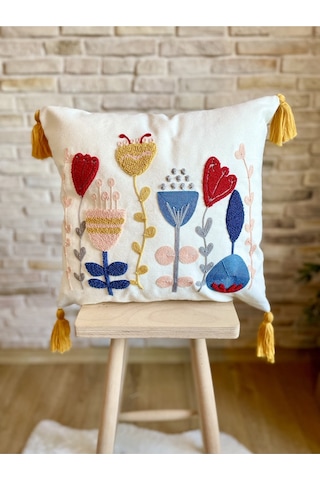 Swita Home Punch İşlemeli Tekli Dekoratif Özel Tasarım Kırlent Kılıfı Panç Sarı - Beyaz