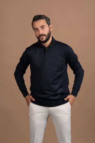 Fermuarlı Balıkçı Yaka Polyamid Kumaş Mevsimlik Triko Kazak Lacivert