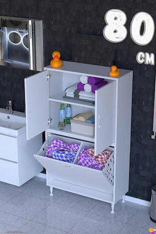 Deniz Kirli Sepetli Ve Kapaklı Raflı, Çok Amaçlı Banyo Dolabı - 80 X 138 X 32,5 Cm 80 Cm