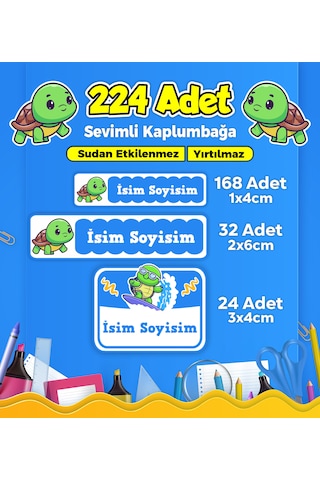 Sevimli Kaplumbağa Temalı Okul Kreş Kişiye Özel İsim Etiket Seti - Model 196 Çok Renkli