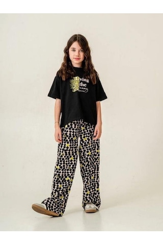 Kız Çocuk Pamuklu Desenli Pantolonlu Takım-15883 Siyah