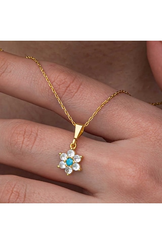 Blackcraft Gümüş Mavi Taşlı Gold Çiçek Kadın Kolye Bc-e74b06 Renkli