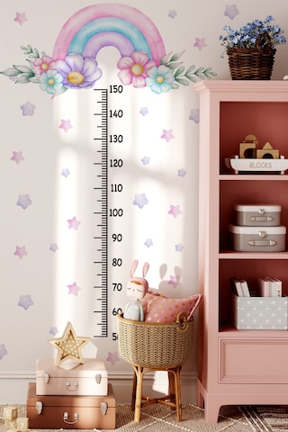 Soft Pembe Renklerde Gökkuşağı Çiçekler Ve Yıldızlar Temalı Boy Ölçer Boy Cetveli Sticker Seti Çocuk Dijital Baskı