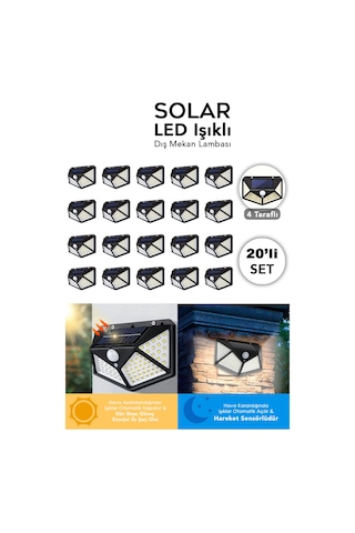 20 Adet Güneş Enerjili Duvar Lambası - Solar 100 Led Işık 3 Modlu Hareket Sensörlü Bahçe Aydınlatma Siyah