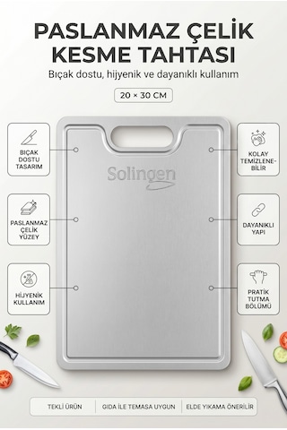 Paslanmaz Çelik Kesme Tahtası Gri Hijyenik Yüzeyli Gıda Temasına Uygun Kesim Panosu 20x30 Cm