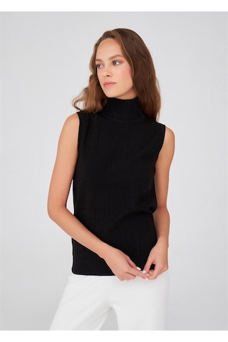 Peraluna Kadın Balıkçı Yaka Dar Kalıp Kolsuz Bluz Siyah-Siyah