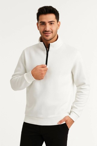 Etiler Collection Erkek Dik Yaka Sweatshirt Dik Yaka Yarım Fermuarlı 3 İplik Şardonlu Pamuk Kumaş - Beyaz