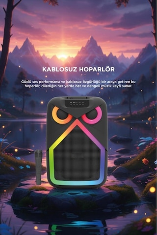 Bluetooth Hoparlör Baykuş Görünümlü 50w Rgb Led Işıklı Kablosuz Mikrofonlu Taşınabilir Karaoke Speaker
