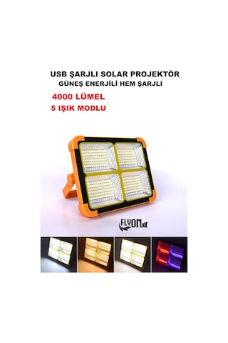 Şarjlı Hem Güneş Enerjli Solar Projektör 4000 Lümel 5 Işık Modlu Lamba Fener Solar Panel Portatif