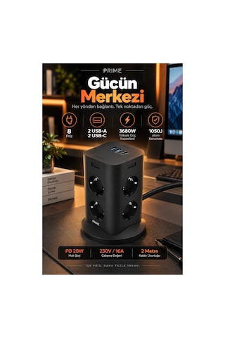 Robeve Fulltech Prıme 8 Li Akım Korumalı Kule Priz 3680w - Pd 20w, 1050j Koruma, 2 Usb-c + 2 Usb-a, 4 Bağımsız Güç Anahtarı, 2 Metre Kablolu Dikey Çoklu Priz Grup Priz Kule Tipi Grup Priz 2 M